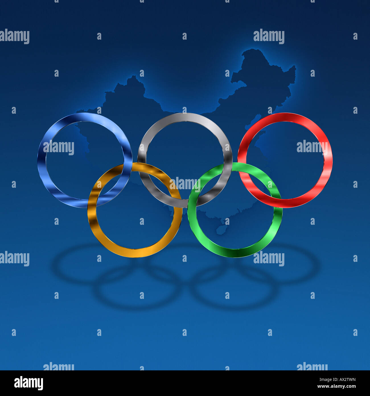 Anelli olimpici contro un bel blu sfondo graduate compresi contorno sottile della Cina Foto Stock