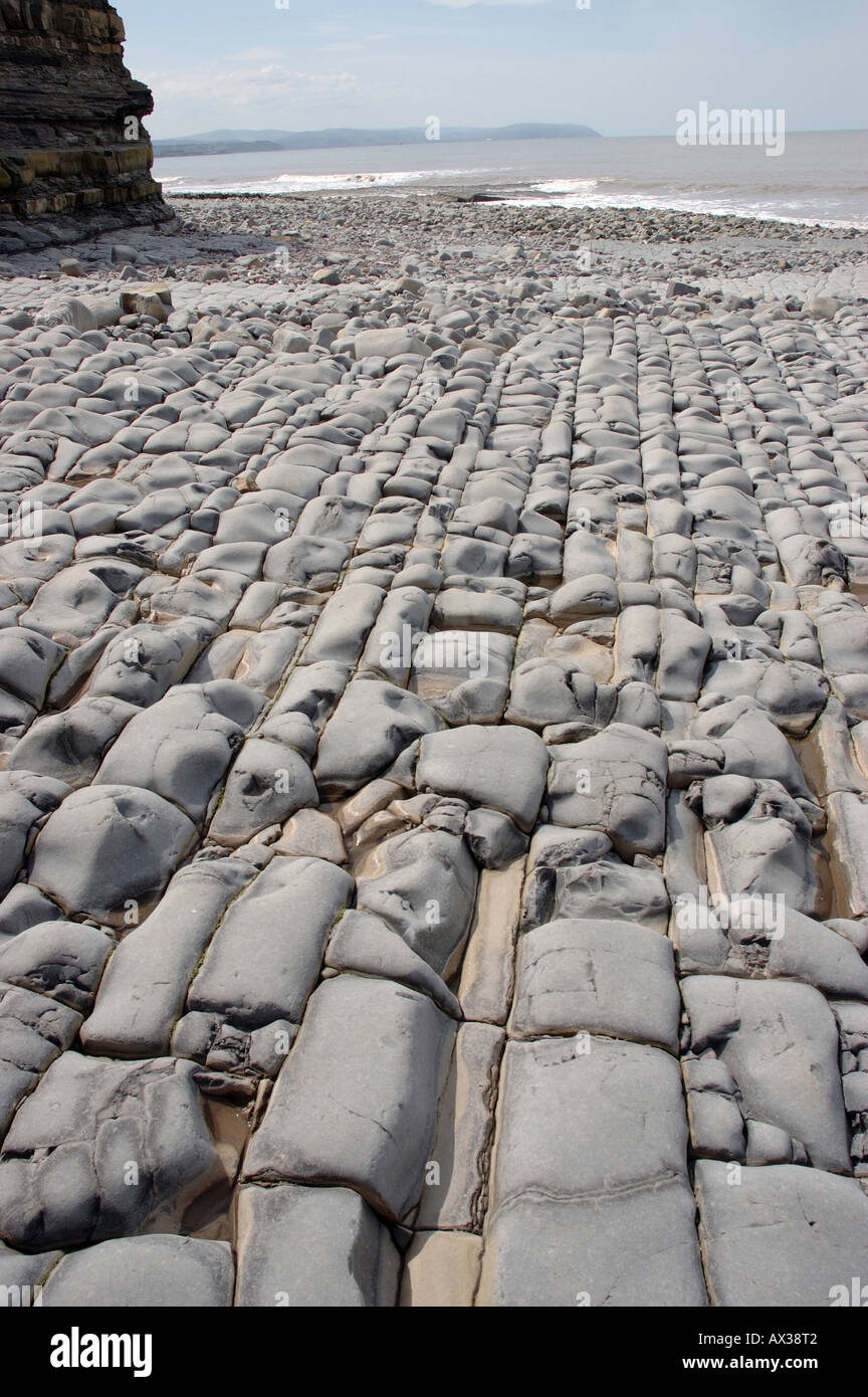 Un SSSI geologico a Kilve Beach in North Somerset con piattaforme di calcare Foto Stock