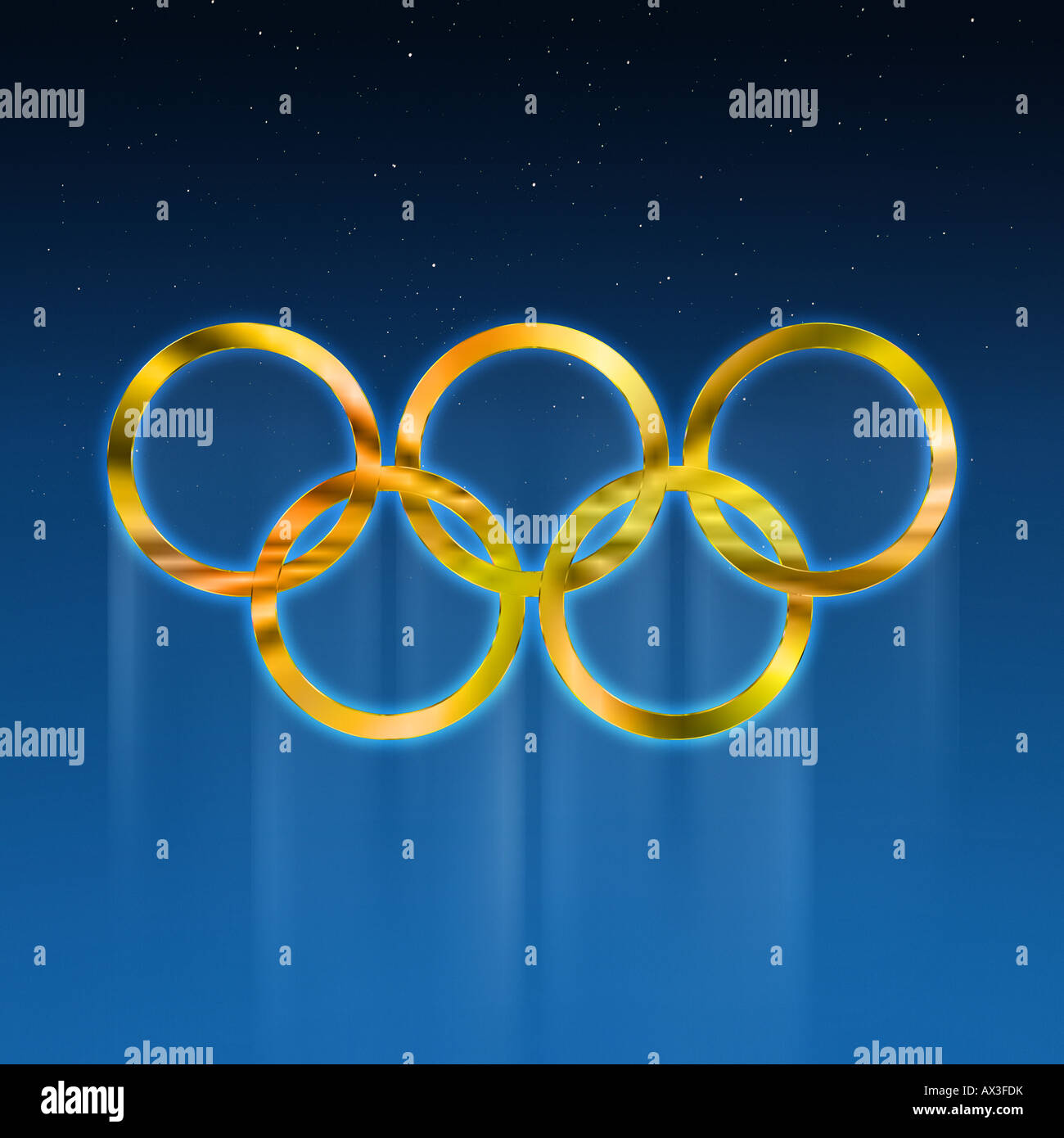 Golden anelli olimpici contro blu profondo sfondo graduate Foto Stock
