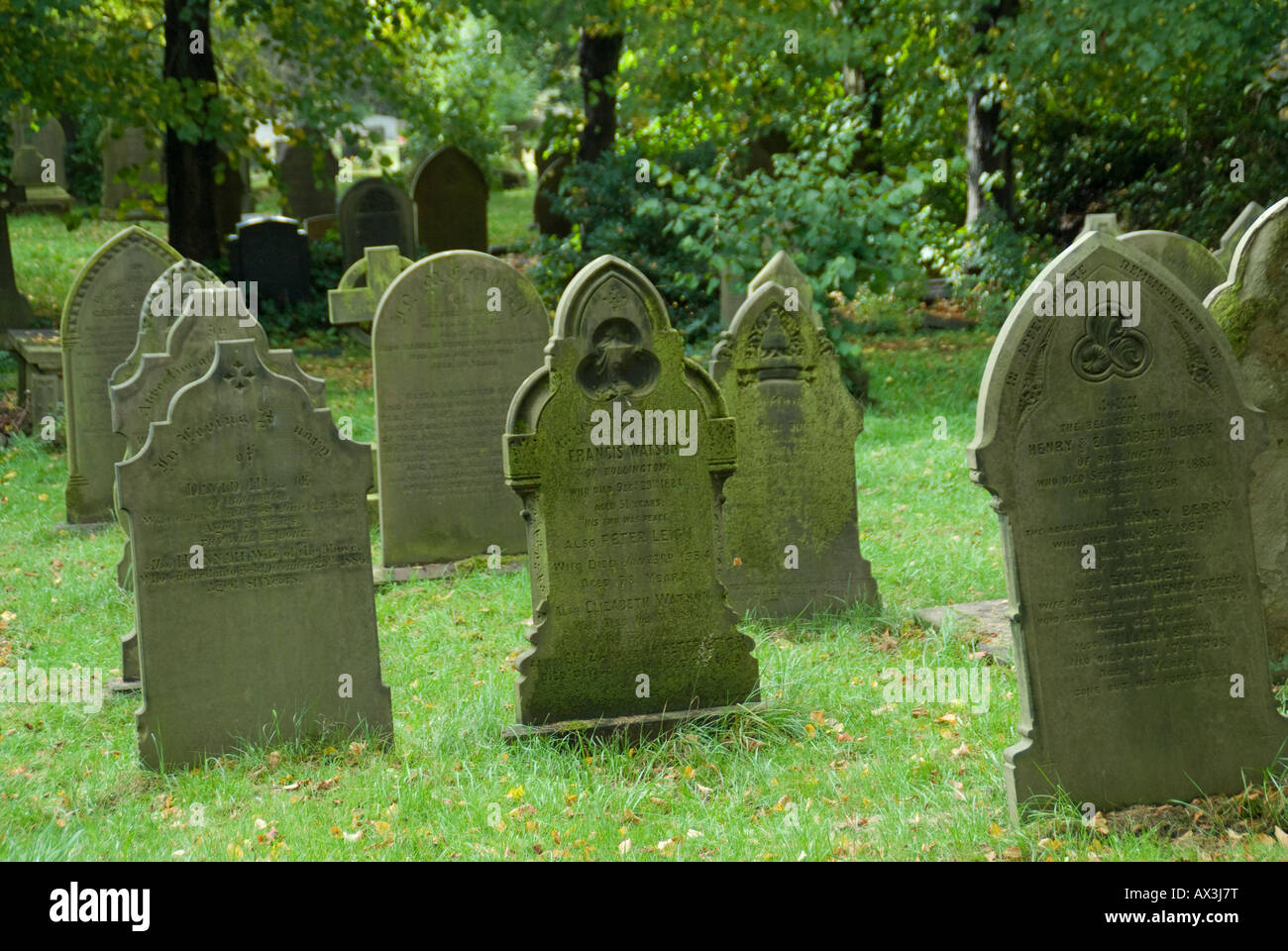 Pietre di testa in un cimitero della Chiesa in Inghilterra rurale, Foto Stock