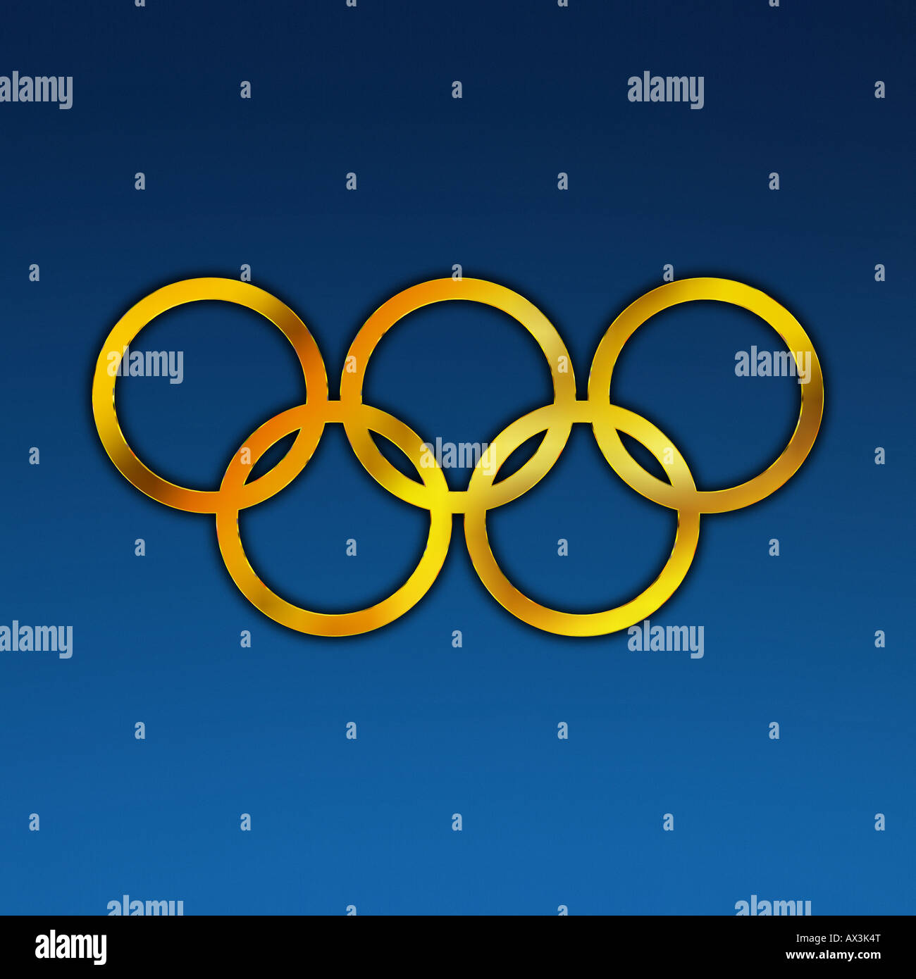 Golden anelli olimpici contro blu profondo sfondo graduate Foto Stock