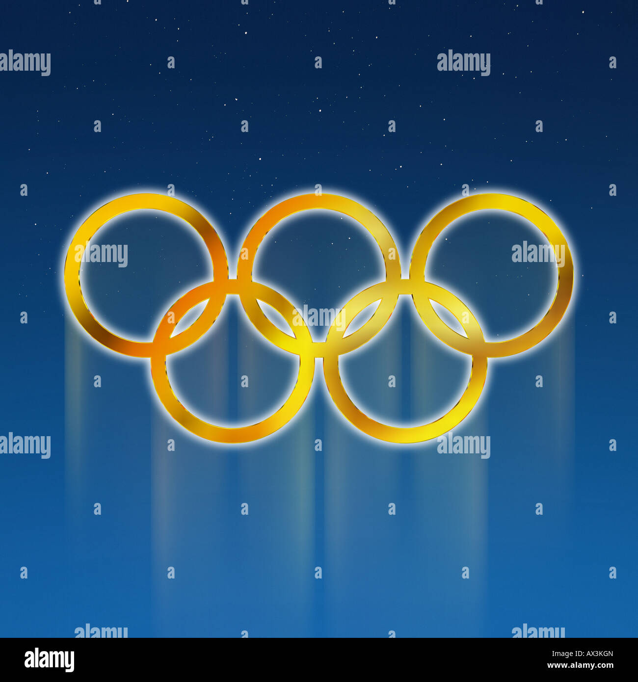 Golden anelli olimpici contro blu profondo sfondo graduate Foto Stock