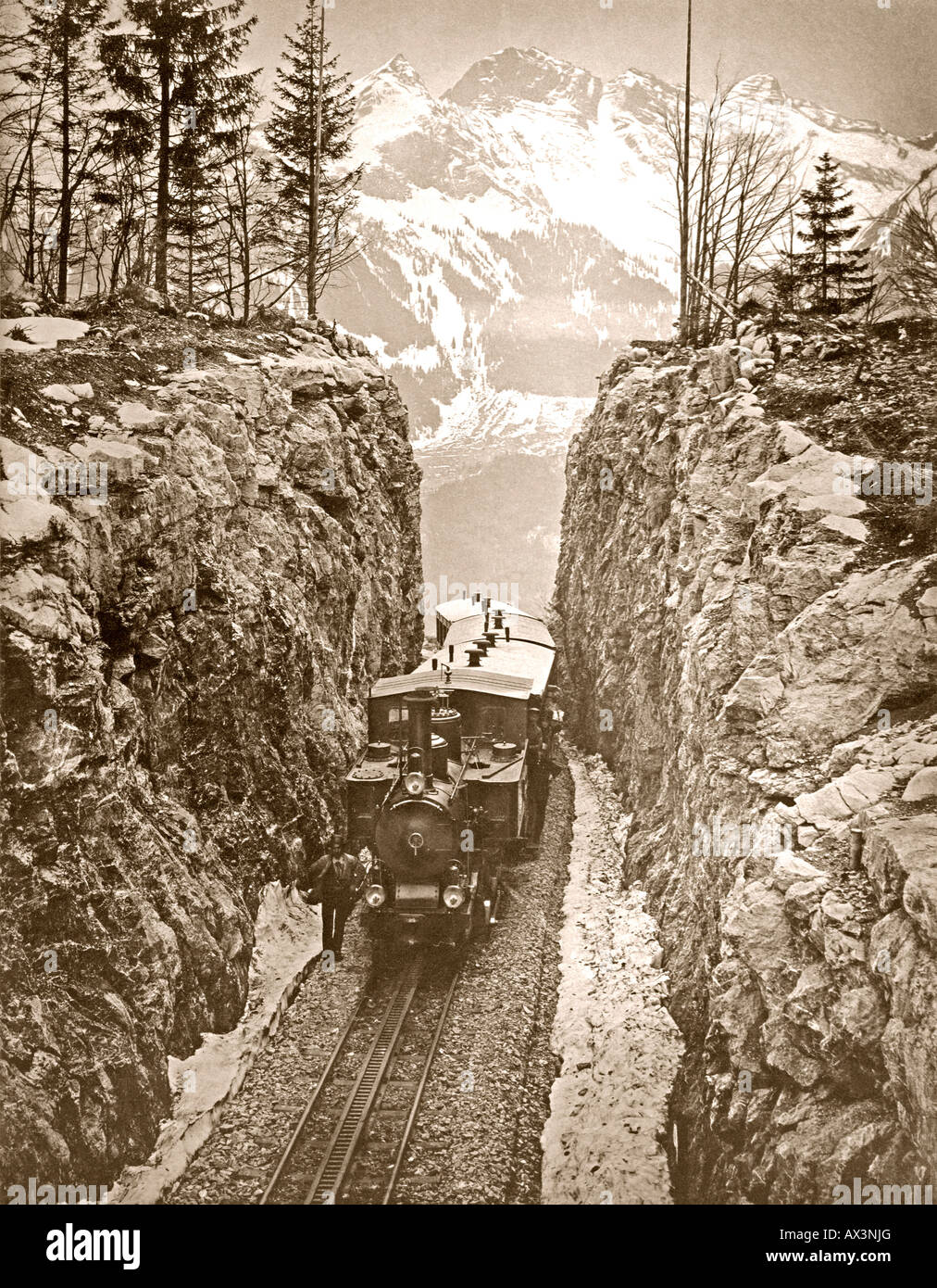 Treno a vapore sulla Brunigbahn ferrovia di montagna, Svizzera, c. 1900 Foto Stock
