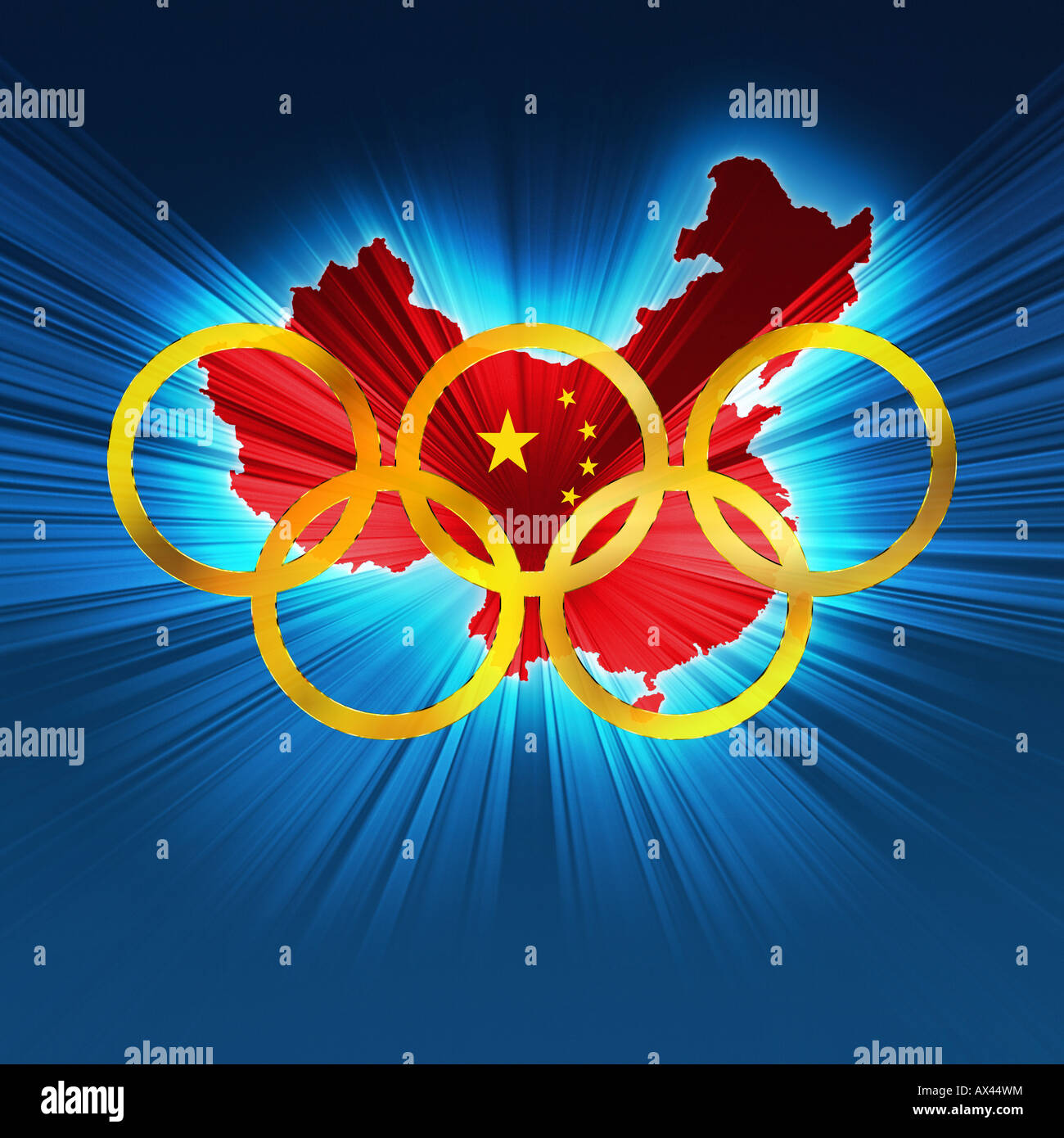 Golden anelli olimpici più stilizzata mappa rosso di cina Foto Stock