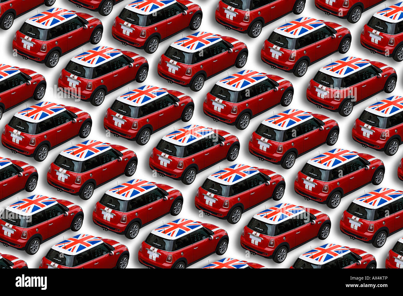 Un vasto numero di Austin Mini Cooper S con le vetture con colori in inglese. Moltitudine d'Austin Mini Cooper S aux couleurs Anglaises. Foto Stock