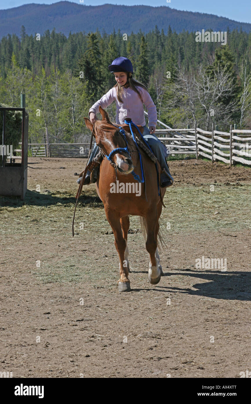 Ragazza giovane in sella ad un cavallo di castagno in stile occidentale Foto Stock