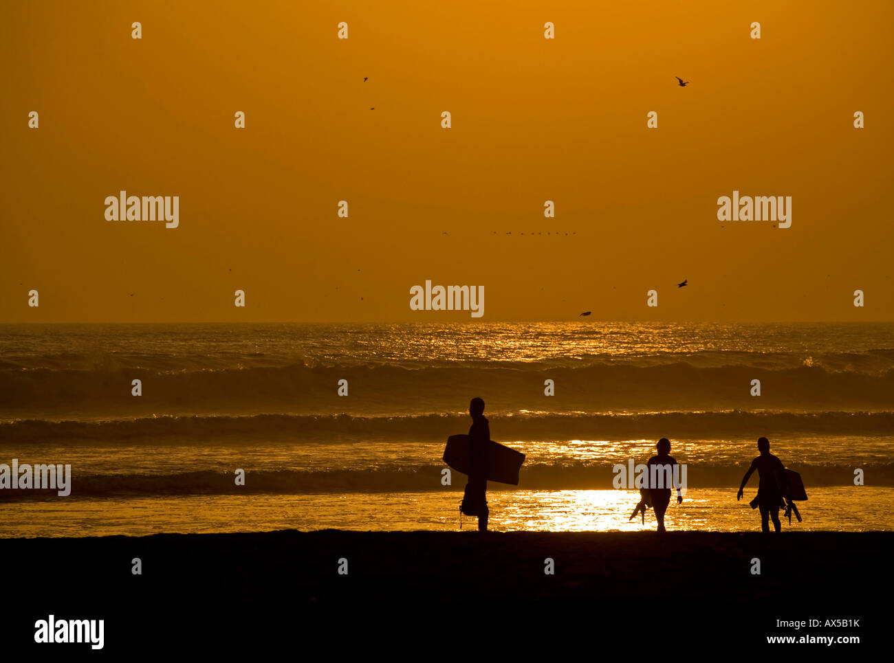 Tramonto sul mare con i gabbiani e tre surfisti a la spiaggia di Arica, pacifico, a nord del Cile, Sud America Foto Stock