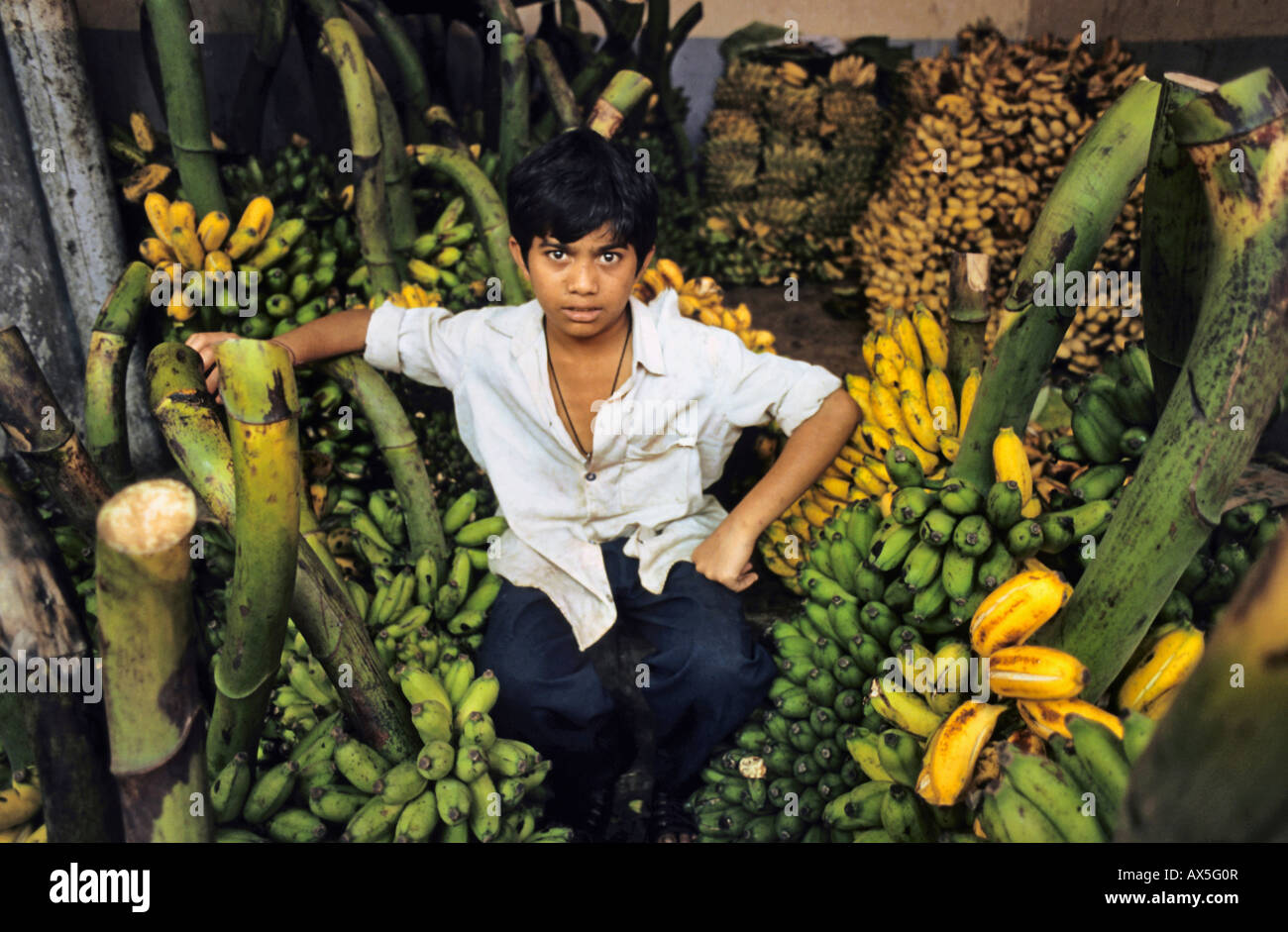 Il lavoro minorile, la vendita delle banane, India Foto Stock