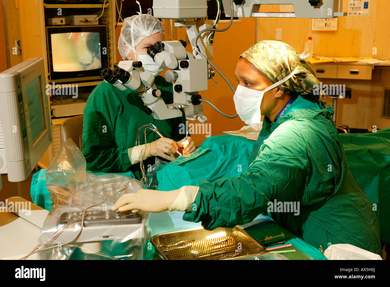 Medico guardando attraverso un microscopio durante la chirurgia della cataratta in PIETERMARITZBURG, Sud Africa e Africa Foto Stock