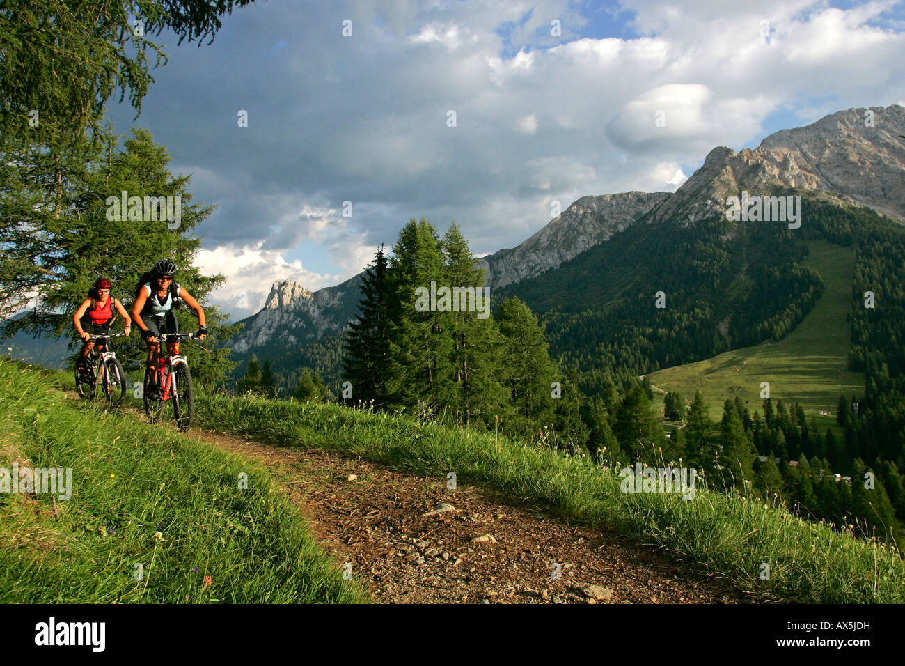 Femmina di mountain bike Escursioni in bicicletta attraverso il Passo Costalunga, Dolomiti, Italia settentrionale, Europa Foto Stock