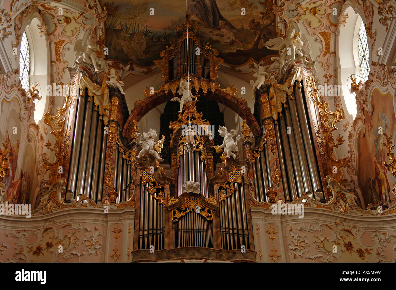Organo, Stiftskirche Mariae Geburt (St. Chiesa di Maria), Rottenbuch, Alta Baviera, Baviera, Germania, Europa Foto Stock