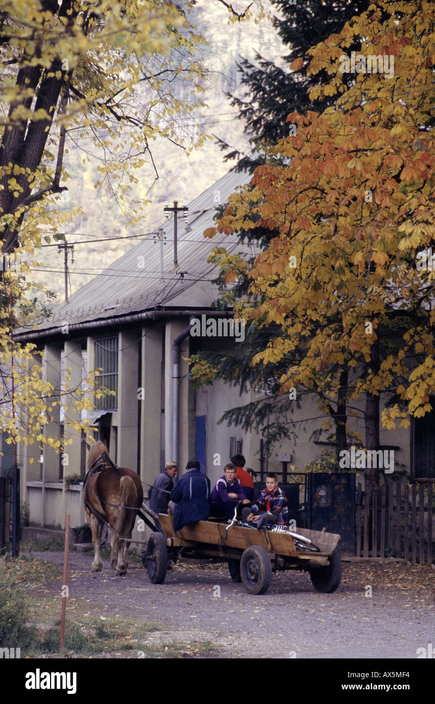 Repubblica ceca. Famiglia in sella a un cavallo disegnato il carrello in un autmn borgo rurale. Foto Stock