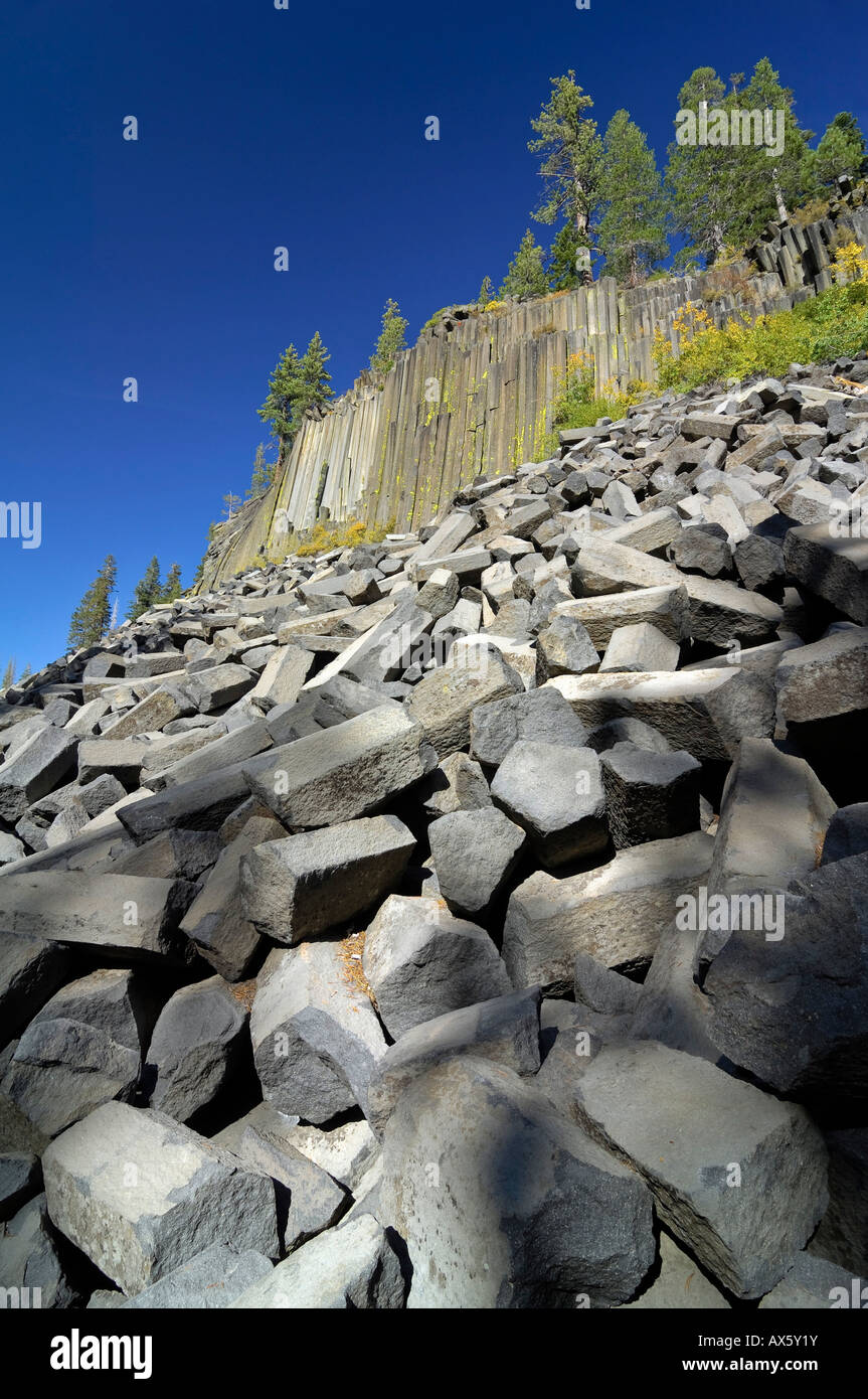 Broken-off pezzi di colonne di basalto a Mammoth Lakes, Devil's Postpile monumento nazionale, CALIFORNIA, STATI UNITI D'AMERICA Foto Stock