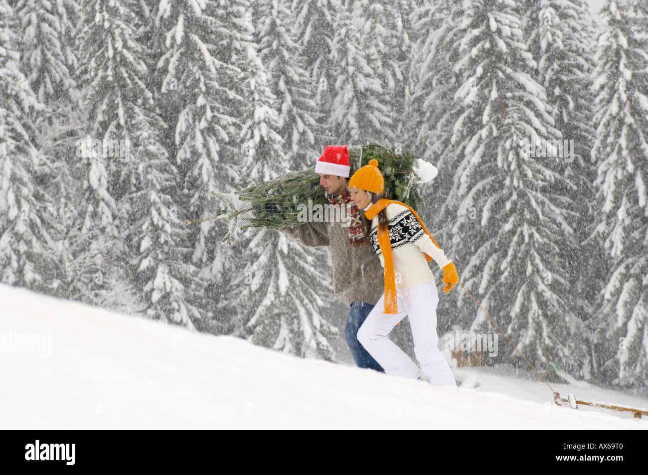 Matura in snow, uomo che porta ad albero di Natale, Donna della slitta di trazione Foto Stock
