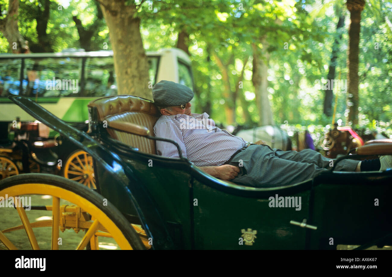 Spagna siesta spagnola, Siviglia Sevilla uomo snoozing prendendo un pisolino pomeridiano carrello Foto Stock