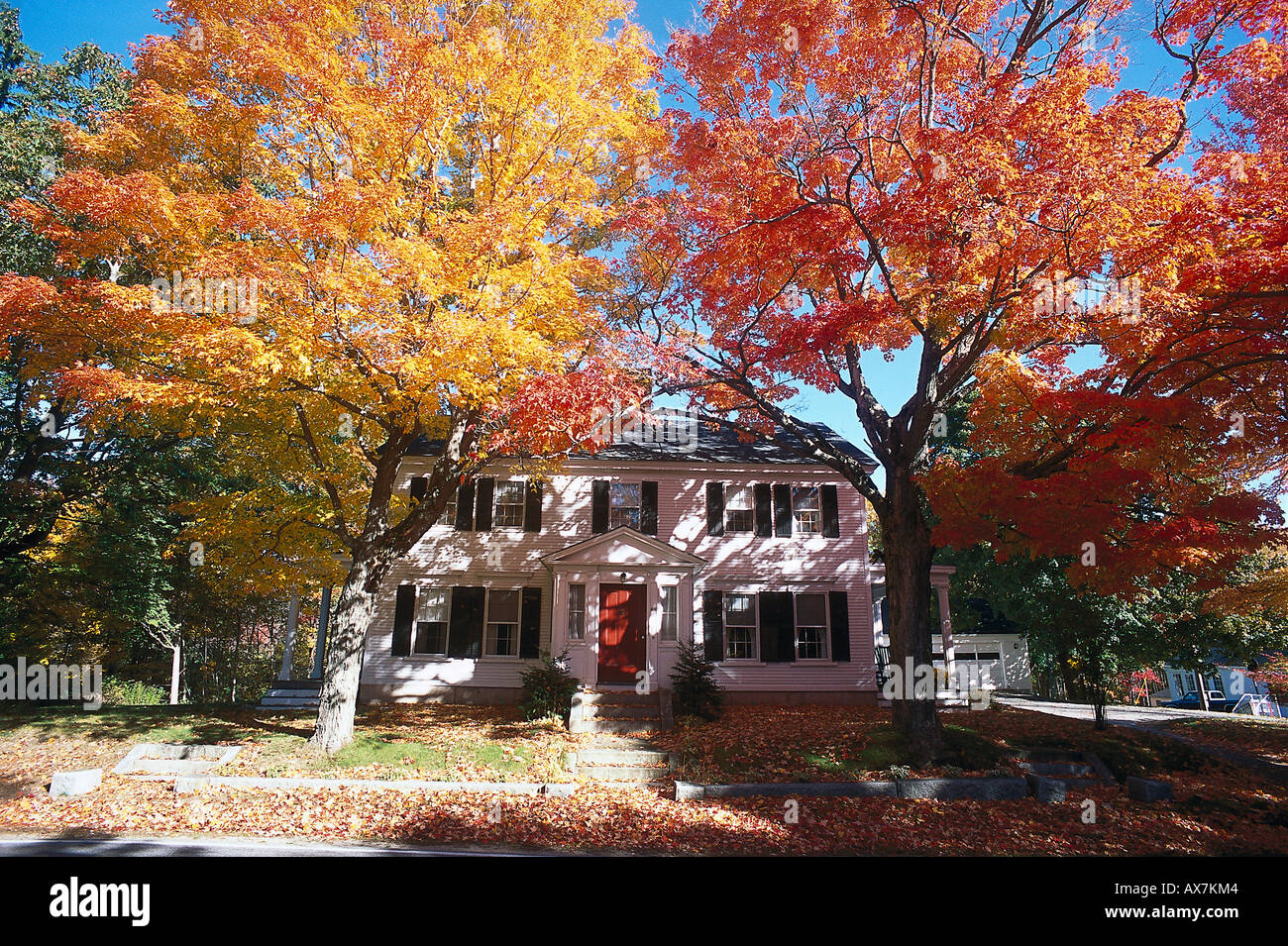 Mansion sotto alberi autunnali, Kennebunkport, Maine, Stati Uniti d'America, America Foto Stock