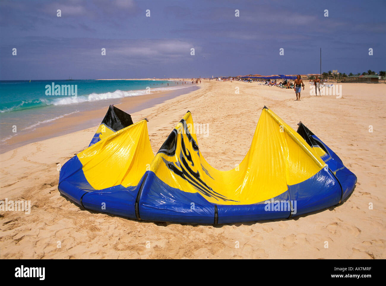 Kite sulla spiaggia di Santa Maria, Sal, Isole di Capo Verde, Africa Foto Stock
