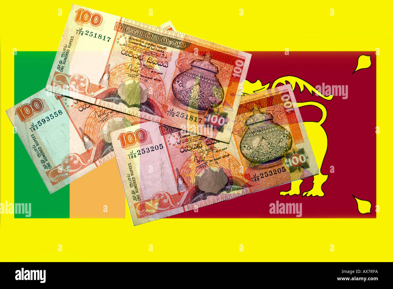 100 Rupia dello Sri Lanka nota impostata sullo sfondo della loro bandiera nazionale. Foto Stock