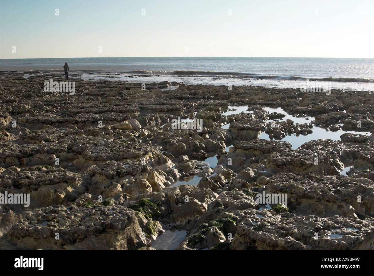 Una figura solitaria sorge su un promontorio roccioso di spiaggia sulla costa sud in East Sussex. Foto Stock