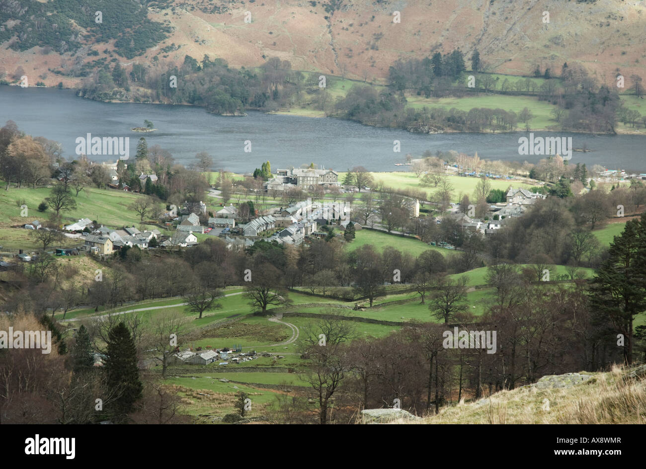 Glenridding Village e il lago di Ullswater Foto Stock