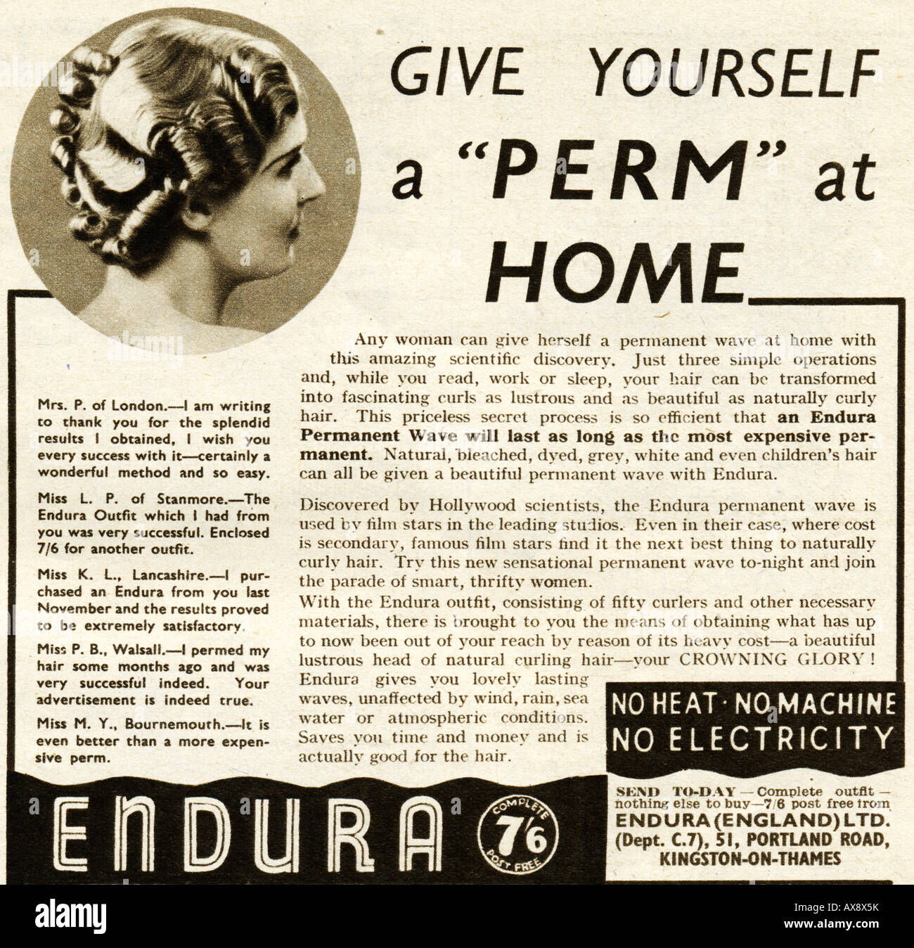 Donna capelli Home Pubblicità Perm dallo schermo pittorico annuale estate 1939 per solo uso editoriale Foto Stock