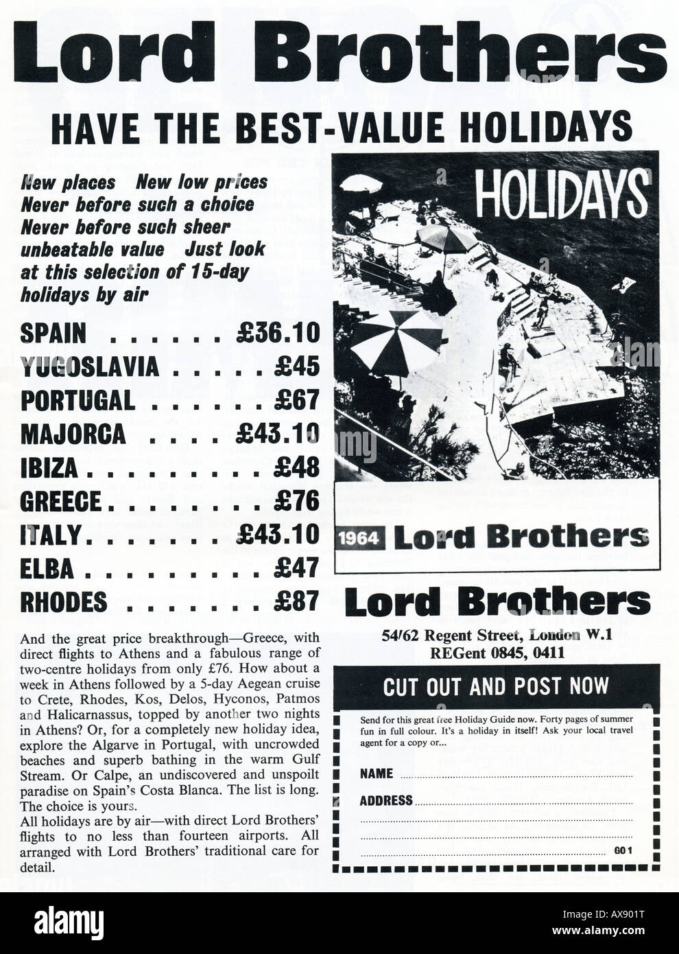 1964 andare annuncio rivista per signore fratelli vacanze in per solo uso editoriale Foto Stock