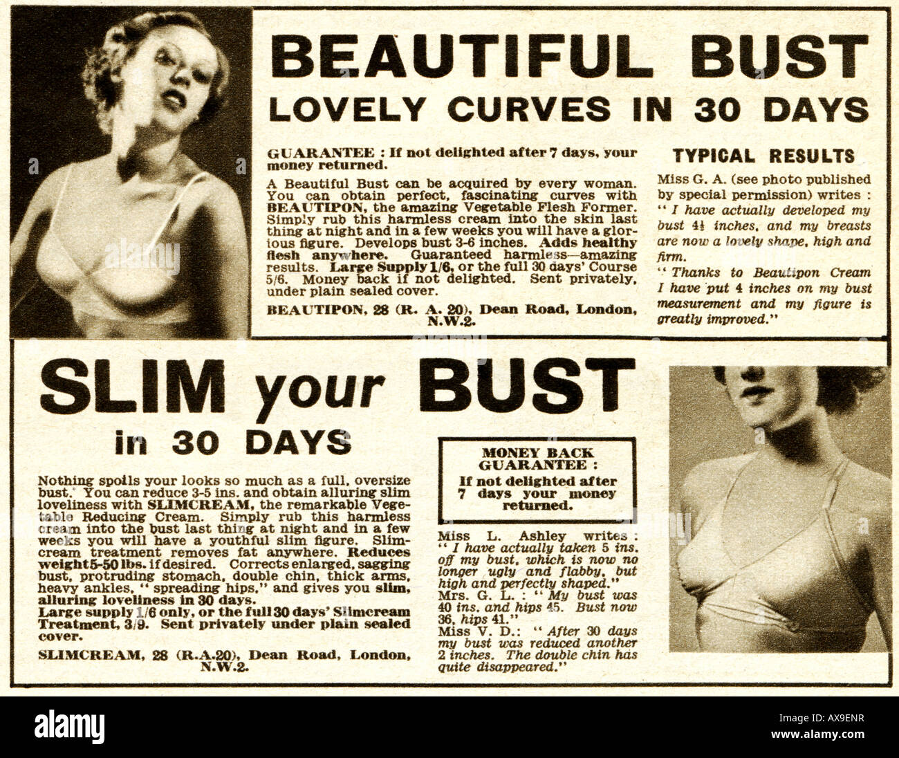 Le donne il busto di miglioramento e dimagrimento annuncio da schermo pittorico annuale estate 1939 per solo uso editoriale Foto Stock