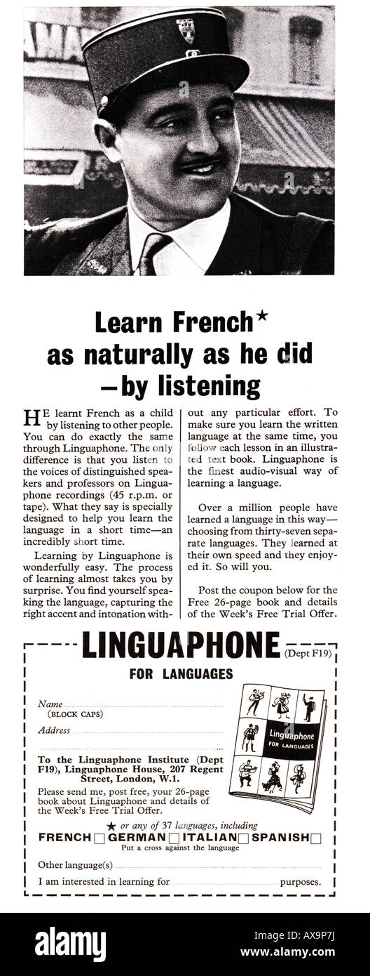 1964 andare annuncio rivista per Linguaphone Language Learning nastri e dischi per solo uso editoriale Foto Stock