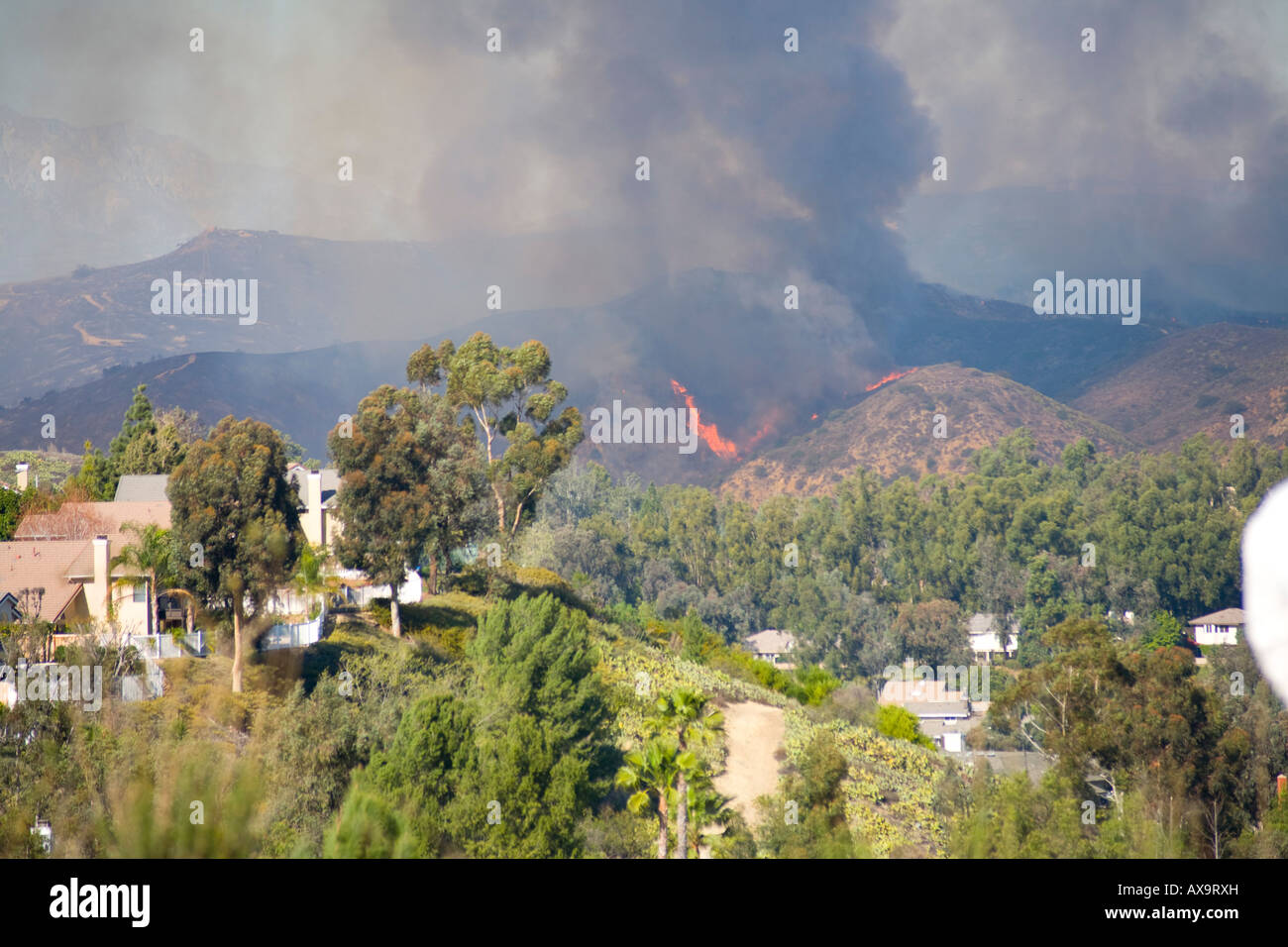 Spazzola fire in colline di Orange, California minacciano case. Foto Stock