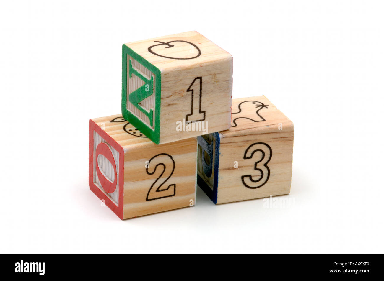 Bambini Numero arabo l apprendimento dei blocchetti di legno 1 2 3 123 su sfondo bianco Foto Stock