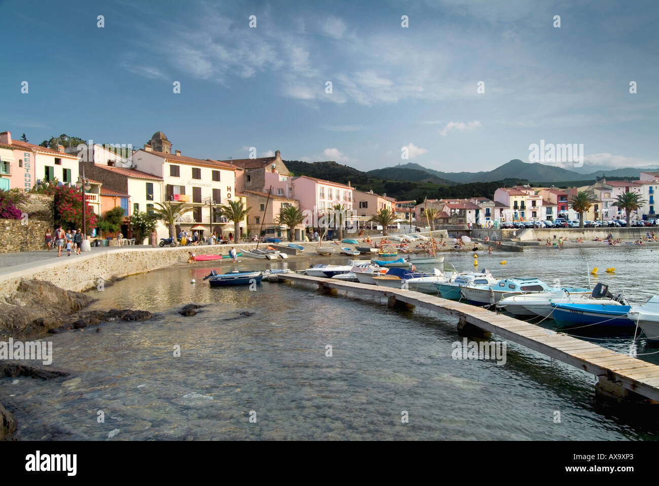Collioure lungomare, Cote Vermeille, Pirenei Orientale, Languedoc Roussillon, nel sud della Francia Foto Stock