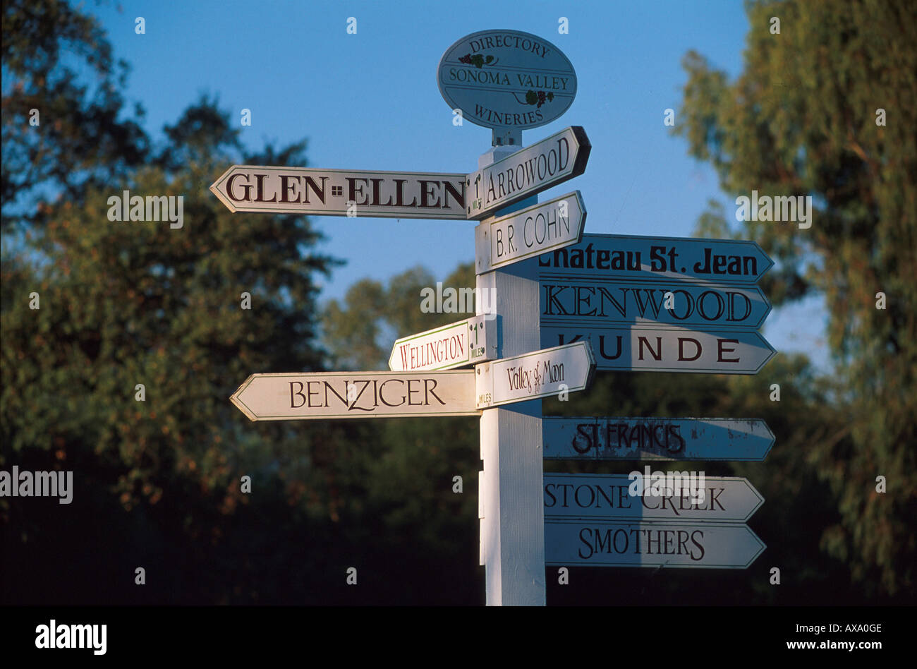 Schild zu den Weinguetern, b. Glen Ellen, Sonoma Valley Kalifornien, STATI UNITI D'AMERICA Foto Stock