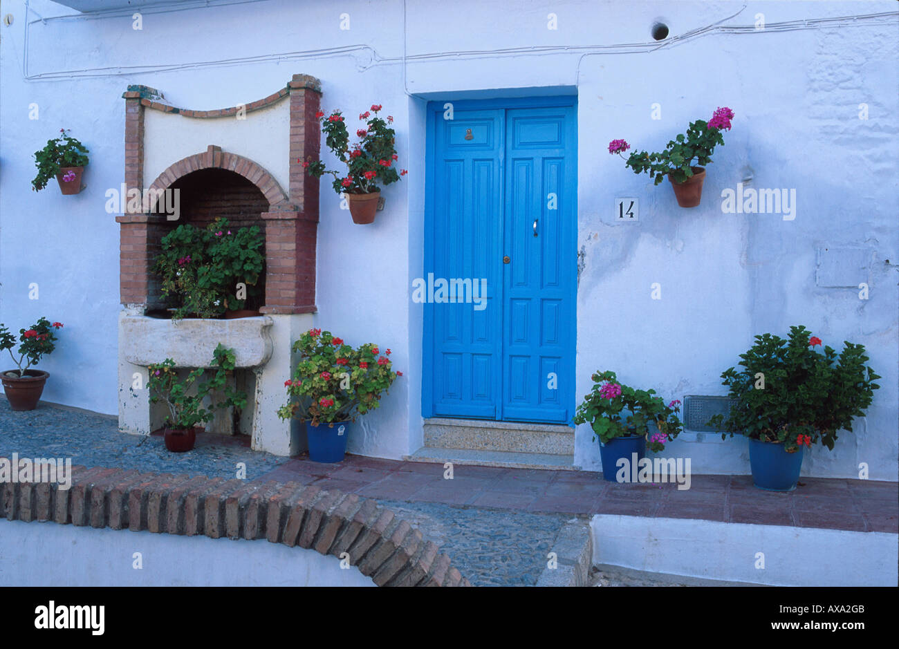Haustuer, Topfpflanzen, Frigiliana, Weisses Dorf, Provinz Málaga, Andalusien Spanien Foto Stock