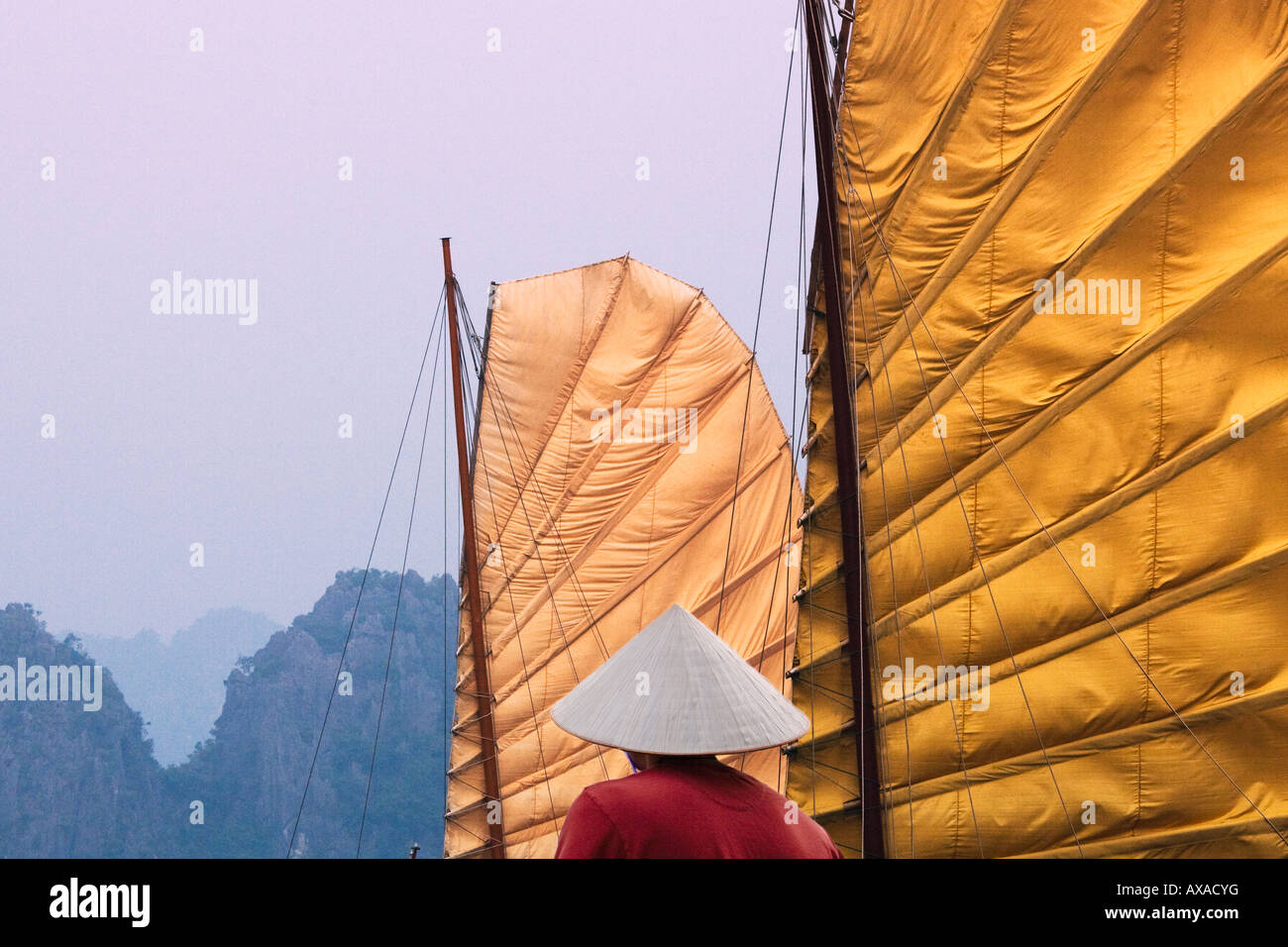 La donna nel cappello conico di posta indesiderata e barca isole carsico nella baia di Halong Vietnam Foto Stock