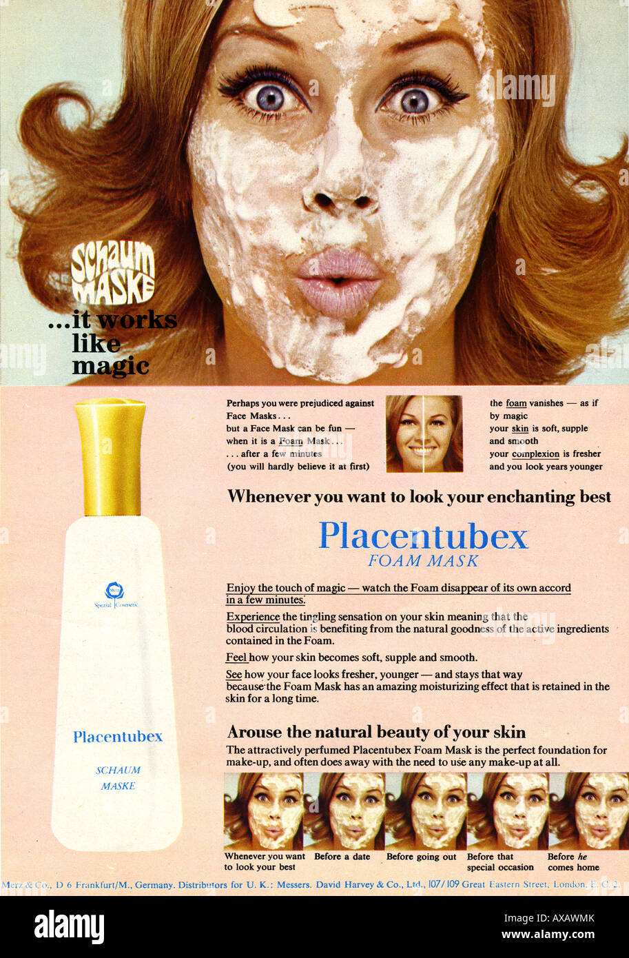 1960 aprile 1969 annuncio rivista per la schiuma Placentubex maschera facciale per solo uso editoriale Foto Stock