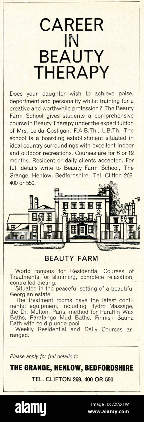 1960 aprile 1969 annuncio rivista per la terapia di bellezza carriere a Henlow Grange Bedfordshire per solo uso editoriale Foto Stock