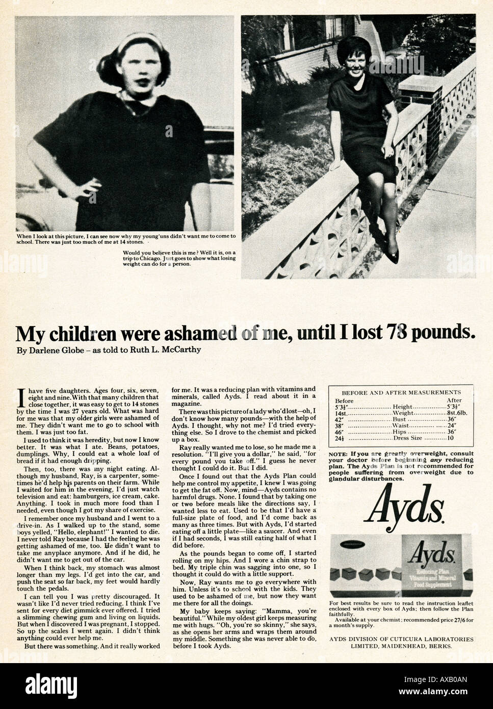 1960 aprile 1969 annuncio rivista per il dimagrimento Ayds aiuti per il solo uso editoriale Foto Stock