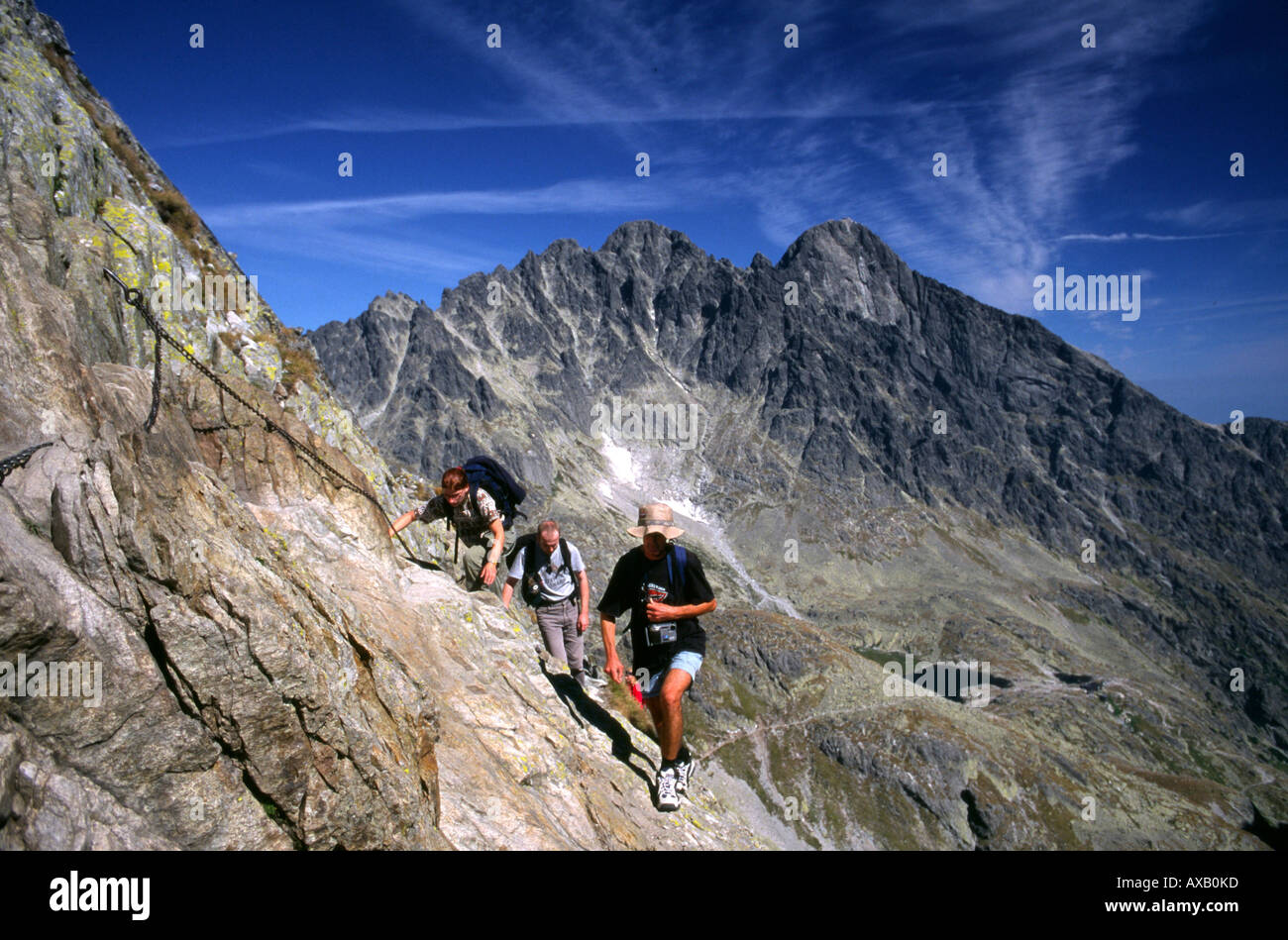 Gli escursionisti di fronte al picco di Lomnica, Alti Tatra, Slovacchia Foto Stock