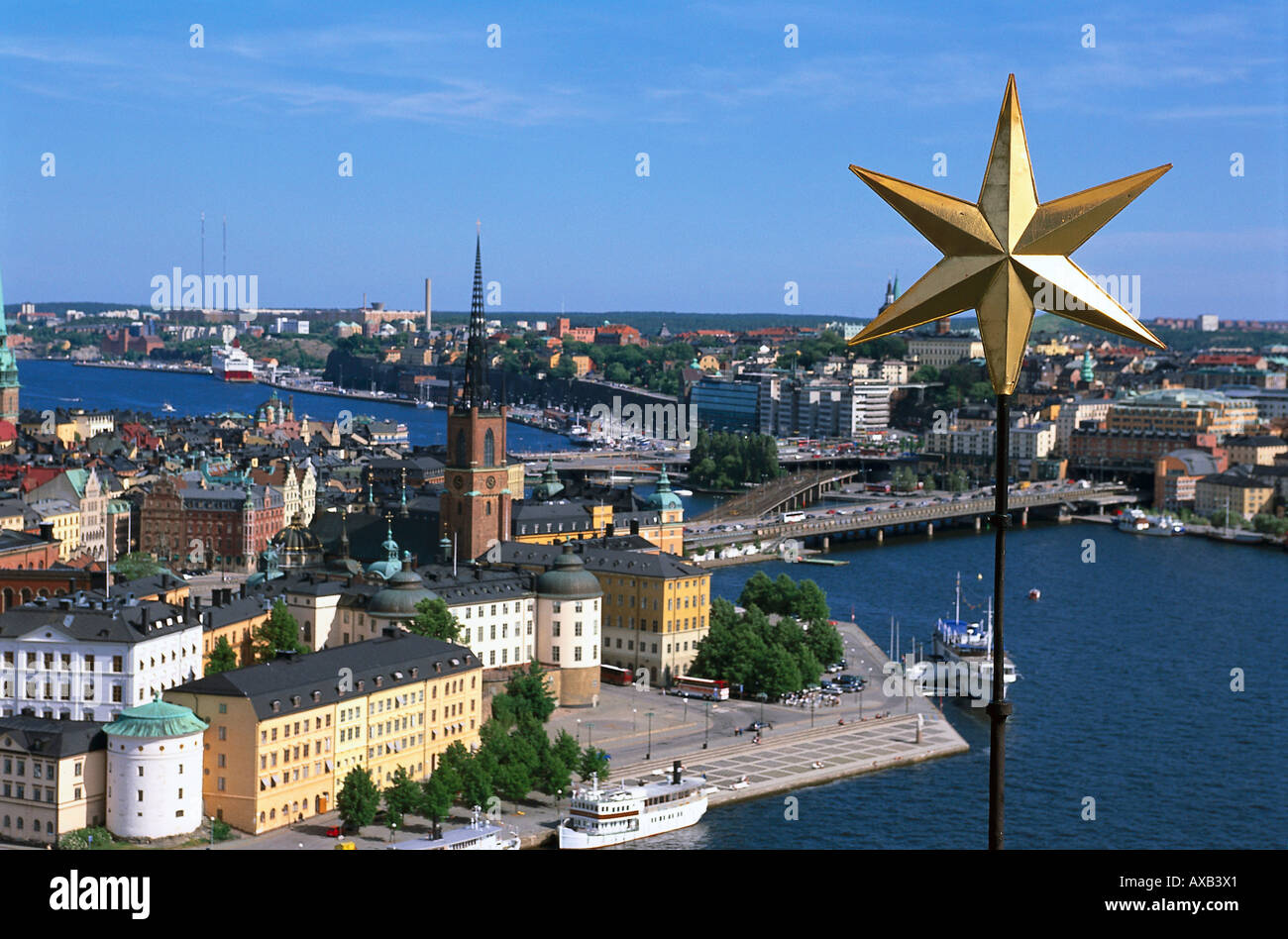 Vista su Stoccolma e Stadhuset, Stoccolma, Svezia Foto Stock