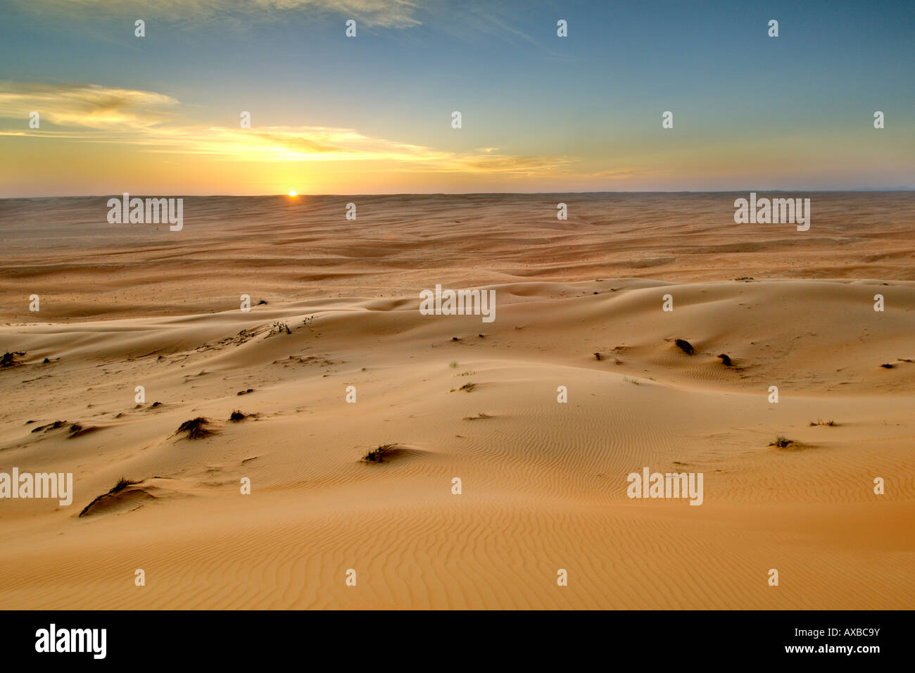 Sunset over Wahiba Sands (Ramlat al Wahaybah) in Oman. Foto Stock