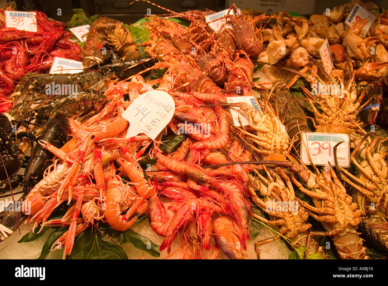 Spagna Barcellona Market Hall Mercat de la Boqueria pesce fresco seefood gamberi Foto Stock