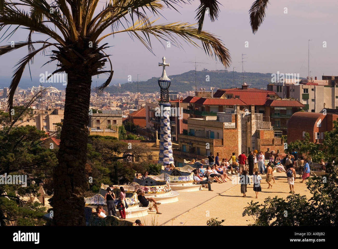 Barcellona Parc Güell di Gaudi Palm tree panoramica Foto Stock