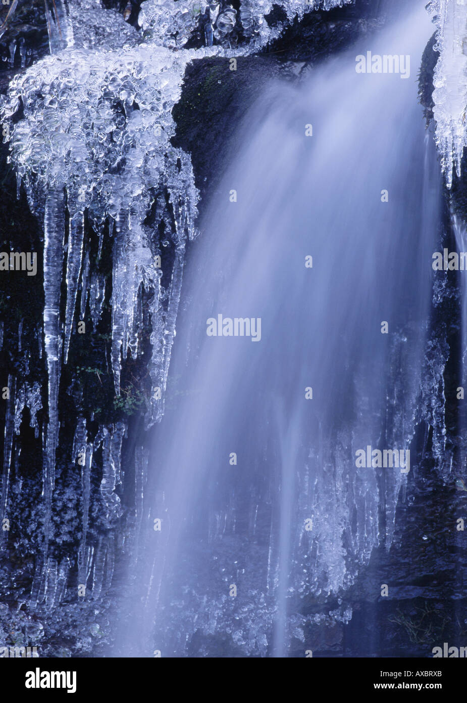 Parzialmente congelato cascata in prossimità dei bracci piani Parco Nazionale di Brecon Beacons Powys South Wales UK Foto Stock