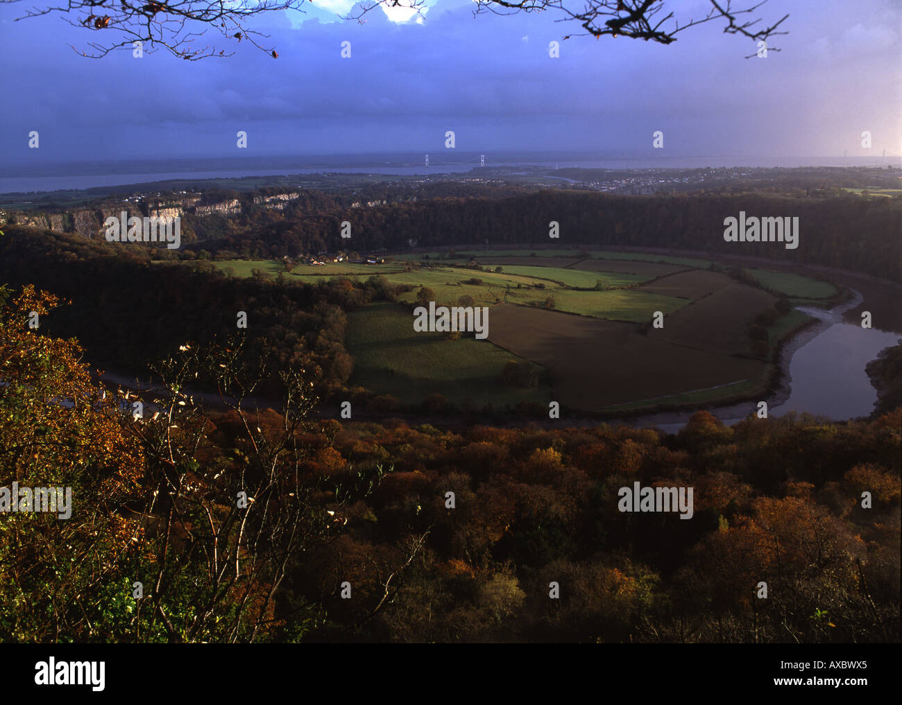 Fiume Wye e Severn Estuary dal Nido delle Aquile Wyndcliff superiore vicino a St Arvans Monmouthshire South Wales UK Foto Stock