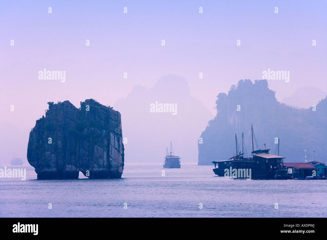 Junk barche e isole carsico nella baia di Halong Vietnam Foto Stock