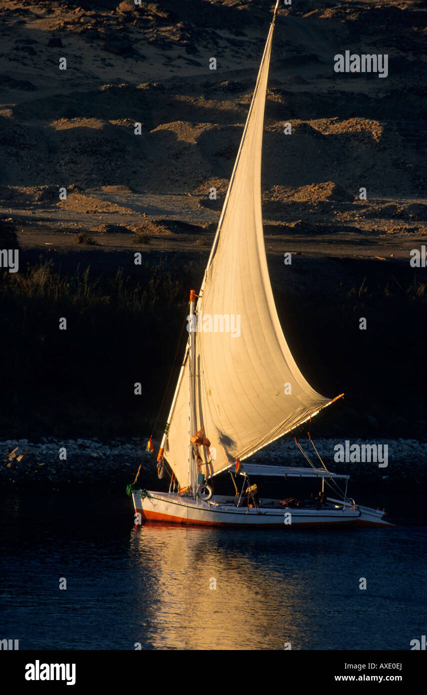 Barca a vela sul fiume Nilo in Egitto - al tramonto. Foto Stock