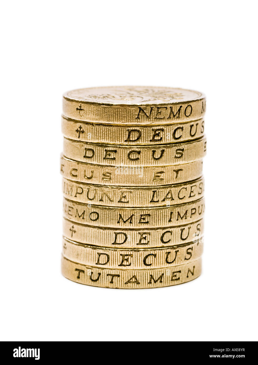 Pila di £1 Pound sterling monete - macro Foto Stock