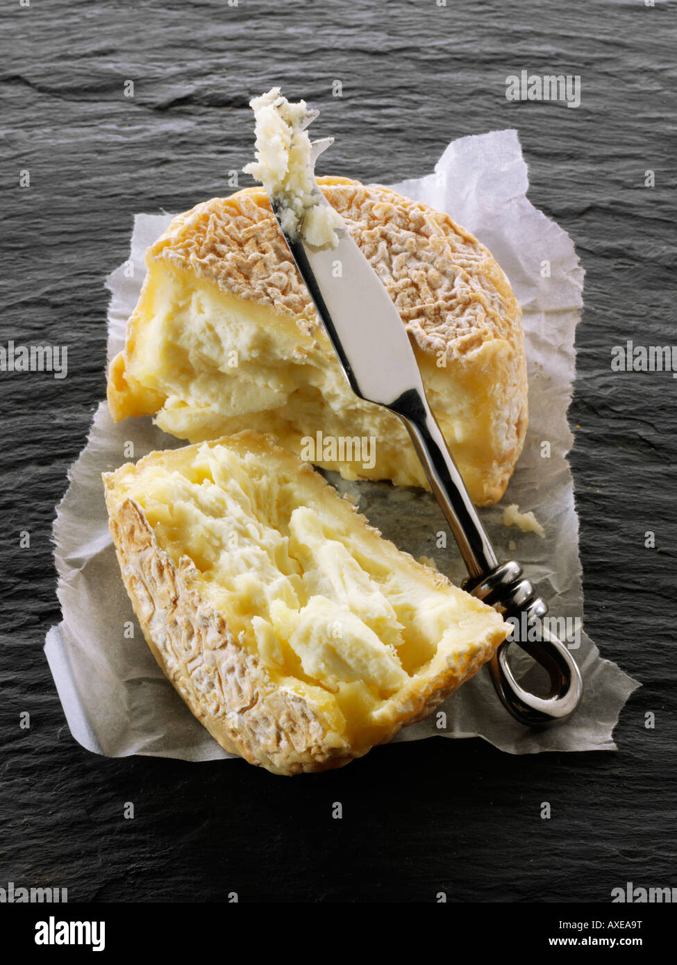 Soft agricoltori biologici formaggio di capra su uno sfondo nero. Normandia Foto Stock