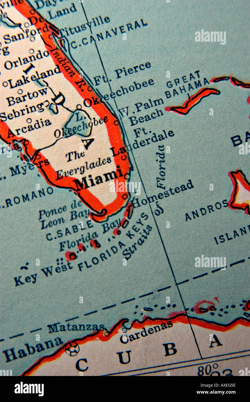 Miami e Florida Keys su un antico mappa Foto Stock