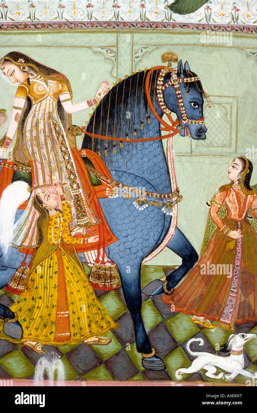 Kotah (India) Donna di equitazione c 1775 kanoria. Indiano dipinto in miniatura, Rajasthan in India Foto Stock